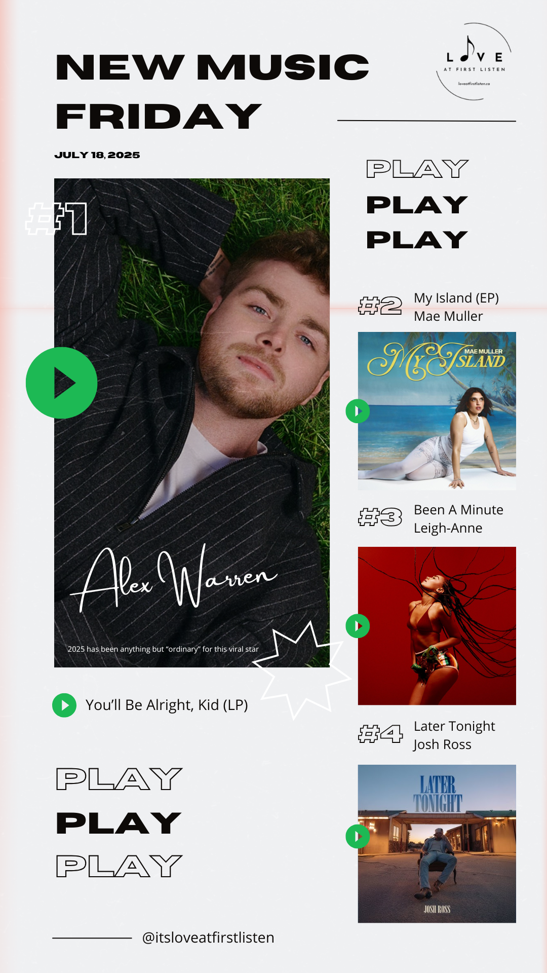 Graphic rounding up the best New Music Friday releases from July 18, 2025, including Alex Warren's debut album (left), Mae Muller's new EP (top right), and singles from Leigh-Anne (middle right) and Josh Ross (bottom right)