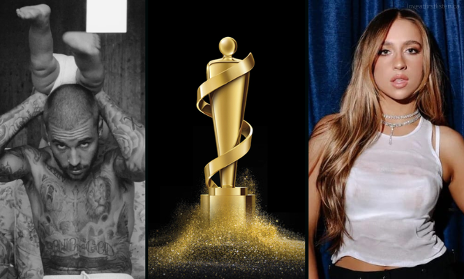 A graphic for a blog post about the 2026 JUNO Award nominees, including Justin Bieber (left) and Tate McRae (right)