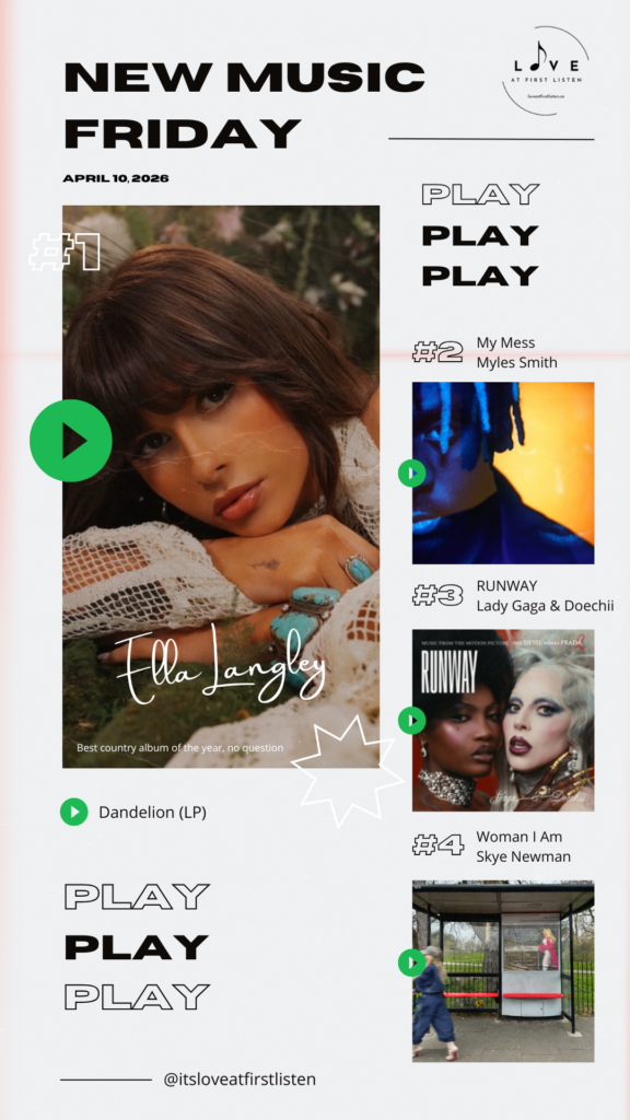 Listing of Love at First Listen's best of New Music Friday picks for April 10, 2026 – namely Ella Langley, Myles Smith, Lady Gaga & Doechii, and Skye Newman