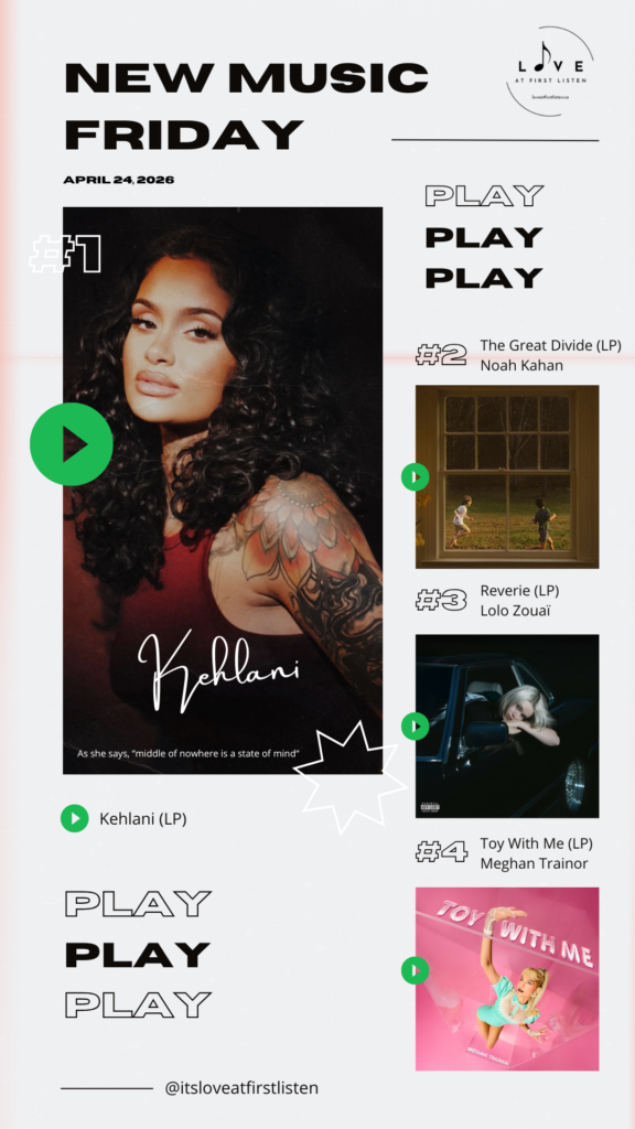 Listing of Love at First Listen's best of New Music Friday picks for April 24, 2026 – namely Kehlani, Noah Kahan, Lolo Zouai, and Meghan Trainor