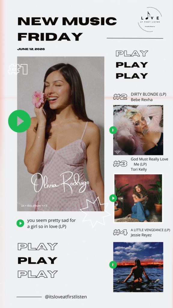 Listing of Love at First Listen's best of New Music Friday picks for June 12, 2026 – namely Olivia Rodrigo, Bebe Rexha, Tori Kelly, and Jessie Reyez