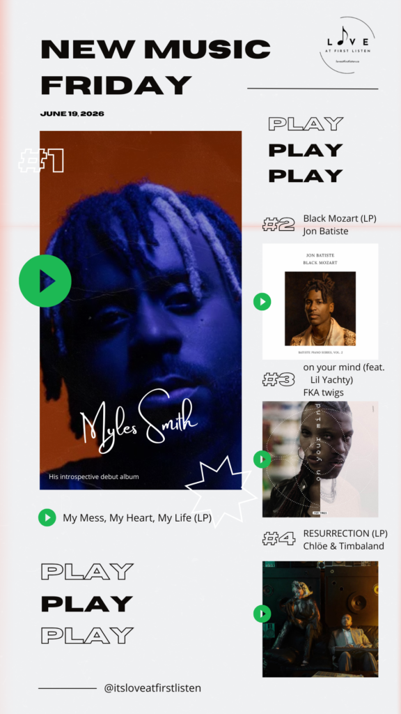 Listing of Love at First Listen's best of New Music Friday picks for June 19, 2026 – namely Myles Smith, Jon Batiste, FKA twigs & Lil Yachty, and Chlöe & Timbaland