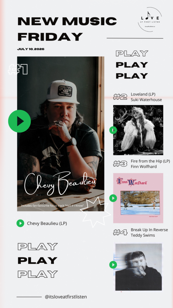 Listing of Love at First Listen's best of New Music Friday picks for July 10, 2026 – namely Chevy Beaulieu, Suki Waterhouse, Finn Wolfhard, and Teddy Swims