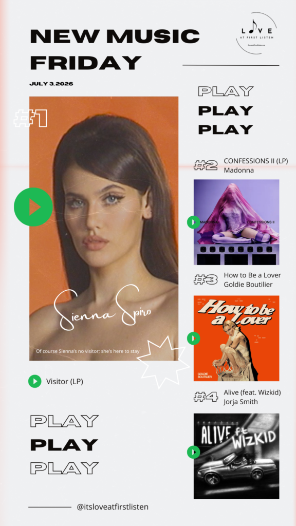 Listing of Love at First Listen's best of New Music Friday picks for June 26, 2026 – namely Sienna Spiro, Madonna, Goldie Boutilier, and Jorja Smith featuring Wizkid