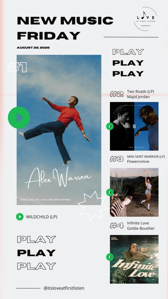 Listing of Love at First Listen's best of New Music Friday picks for August 28, 2026 – namely Alex Warren, Majid Jordan, Flowerovlove, and Goldie Boutilier.