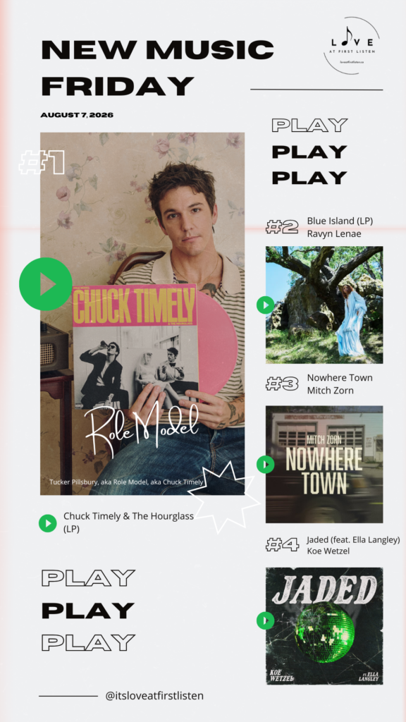 Listing of Love at First Listen's best of New Music Friday picks for August 7, 2026 – namely Role Model, Ravyn Lenae, Mitch Zorn, and Koe Wetzel feat. Ella Langley.